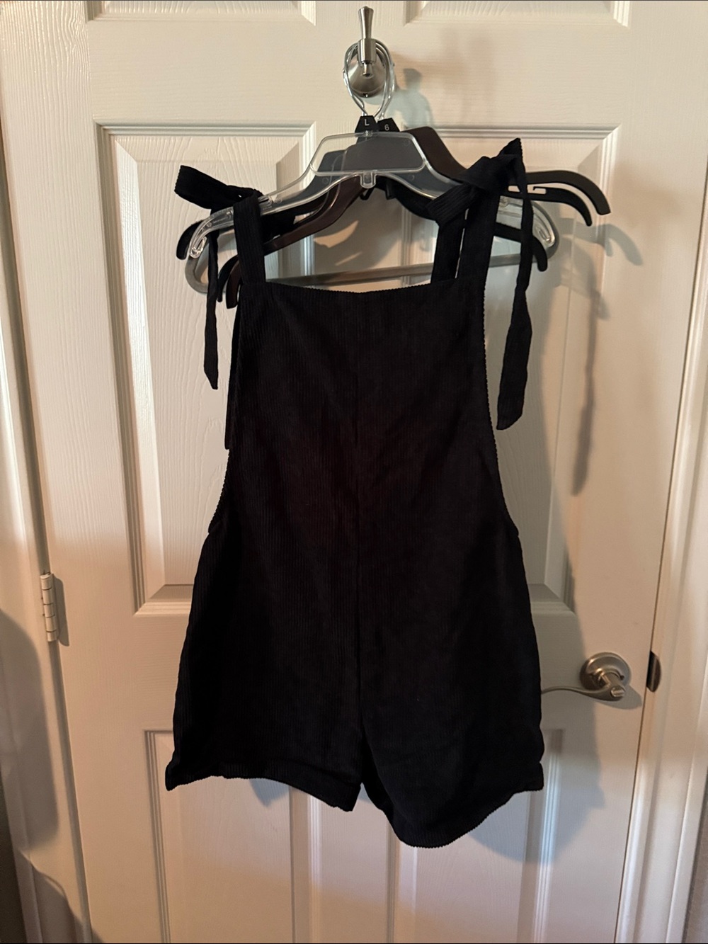 SHEIN Black Corduroy Tie-Shoulder Romper